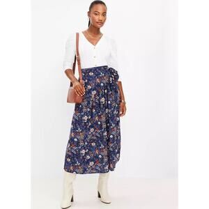 Loft Floral Blue Fall Harvest Faux Wrap Midi Skirt Size 2